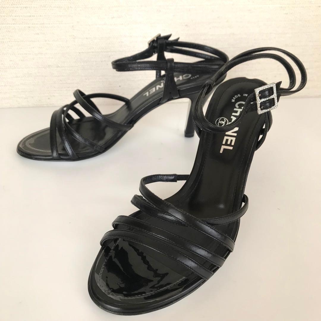 シャネル 黒 ストラップ　サンダル ヒール イタリア製　CHANEL